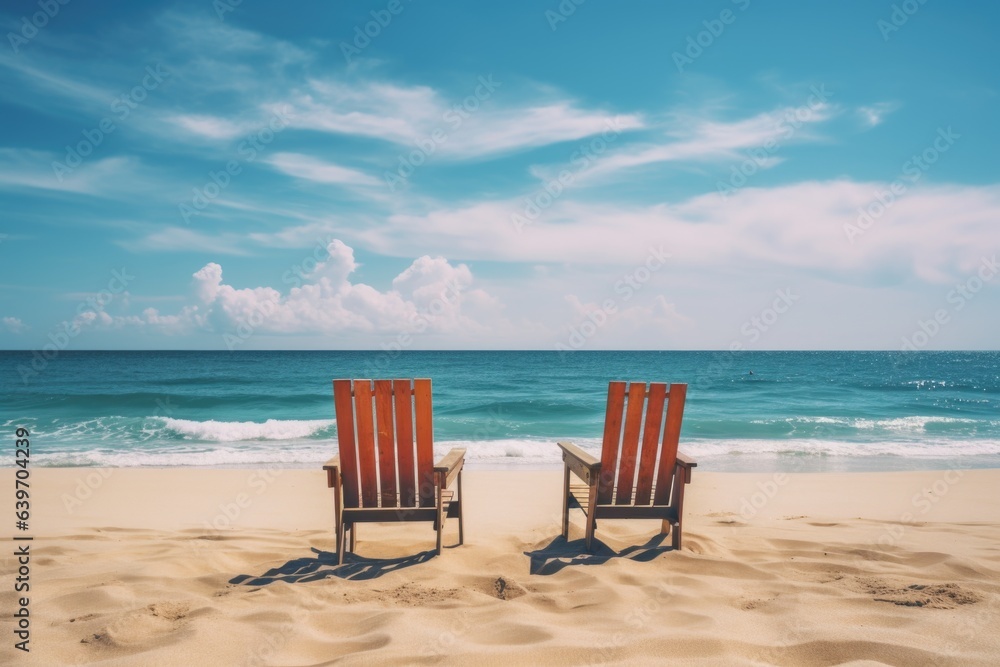 Two beach chairs on sea shore under blue clear sky. Stunning beach background, summer vacation concept