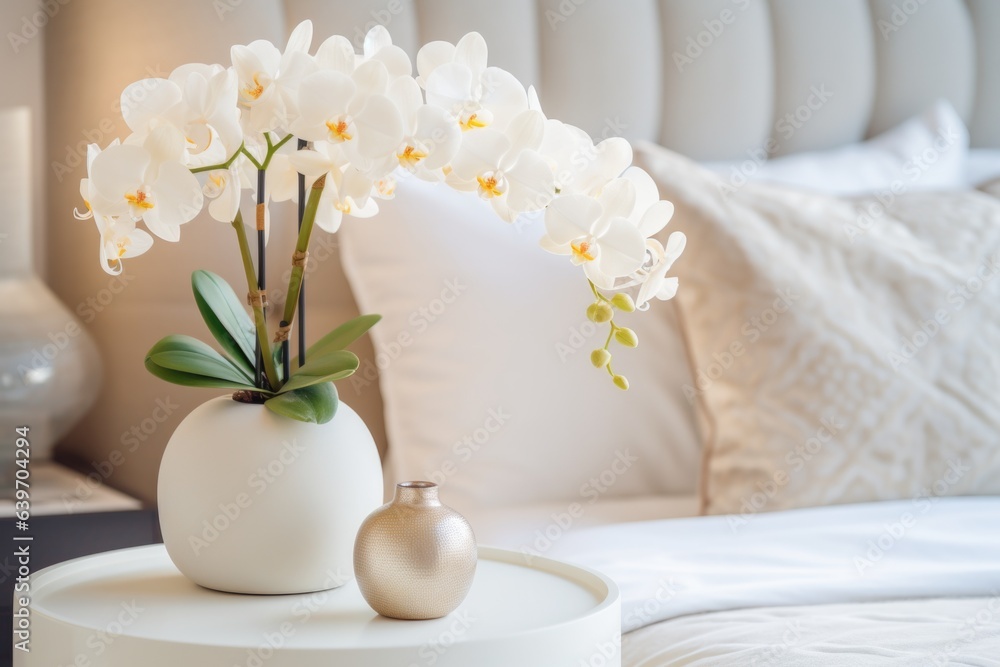 custom made wallpaper toronto digitalVase with orchids on bedside table near bed with beige bedding. Art deco style interior design of modern bedroom