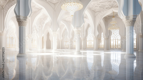 White Golden Luxury Palace Mosque Interior with Sunny Windows and Columns.