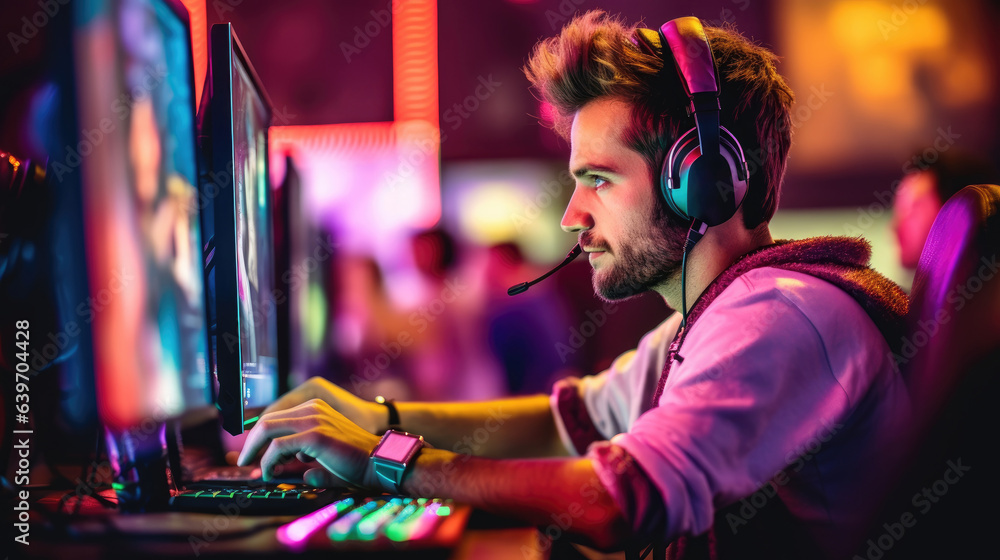 Fototapeta premium Gamer playing games on computer carefully.