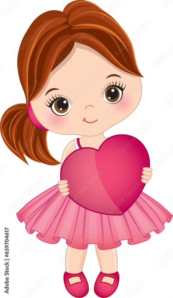 Vector Cute Little Girl Wearing Pink Dress Holding Heart in Hands Vector Cute Little Girl Wearing Pink Dress Holding Heart in Hands