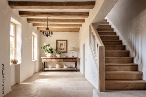 White plaster staircase and timber beams ceiling in farmhouse hallway. Rustic style interior design of entrance hall in country house © Interior Design