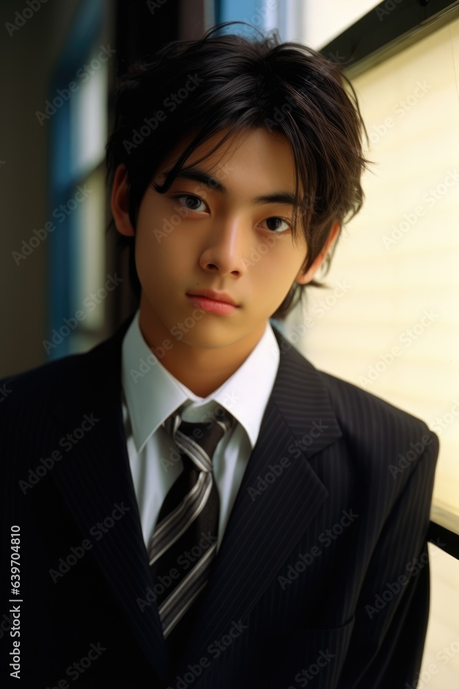 young Japanese teenager wearing a suit and a tie looking at the camera young Japanese teenager wearing a suit and a tie looking at the camera