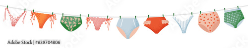 Woman pants. Laundry drying, panty of beauty girl, women, pink fabric, clothes, textured romance bikini clothing. Swimwear, romantic lingerie, beachwear or swimsuit. Vector isolated illustration