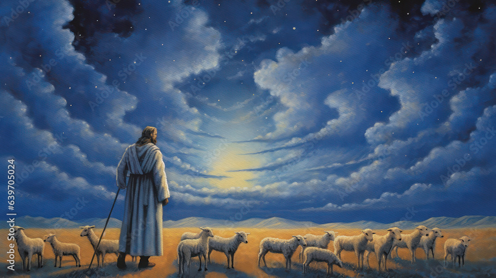 Good Shepherd. Concept watercolorn inspired by Psalm 23 , generative ai - obrazy, fototapety, plakaty 