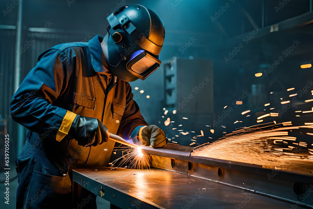 Male in face mask welds with argon arc welding. Male in face mask welds with argon arc welding.