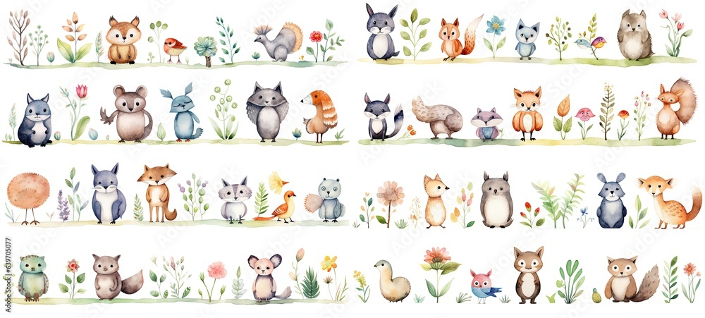 Fototapeta premium watercolor illustration teddy bear fun party set in cute cartoon style isolated on white background, children art style design, Generative Ai