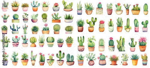  watercolor cactus and succulent pot plant set in cute cartoon style isolated on white background, children art style design, Generative Ai © QuietWord