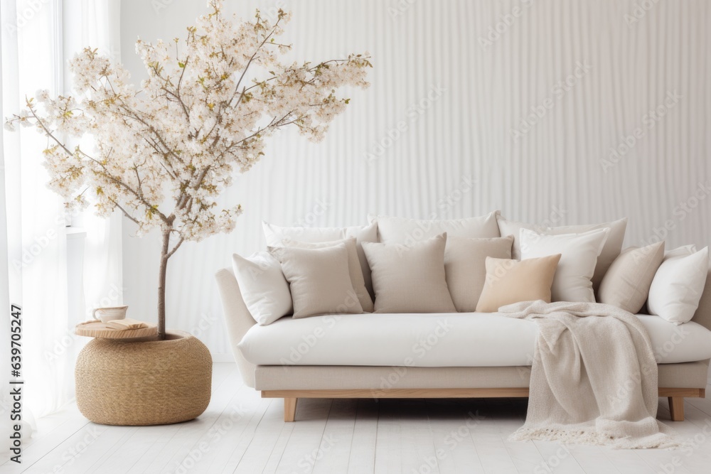 Wicker pot with blossom tree near beige sofa with many pillows and plaid. Scandinavian interior design of modern stylish living room