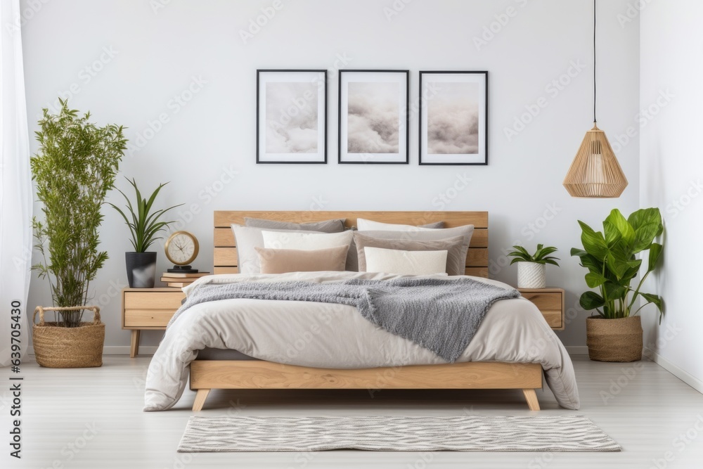 Fototapeta premium Wooden bed with grey bedding in light Scandinavian interior design of modern bedroom with many houseplants