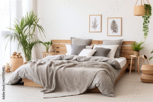 Wooden bed with grey bedding in light scandinavian interior design of modern bedroom with many houseplants