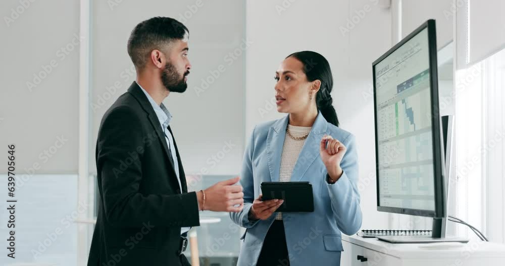 Conversation, tv screen or professional people monitor statistics, sales graphs or stock market data analysis. Business partner cooperation, report or trader teamwork on accounting spreadsheet review