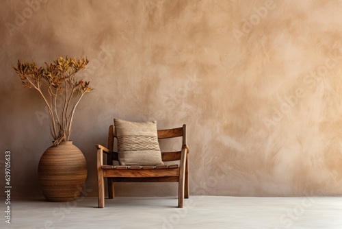 Wooden chair against stucco wall with wall decor. Rustic style interior design of modern living room