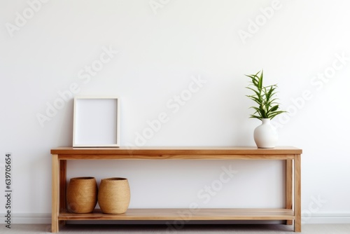 Wooden console table near white wall. Storage organization for home. Interior design of modern living room