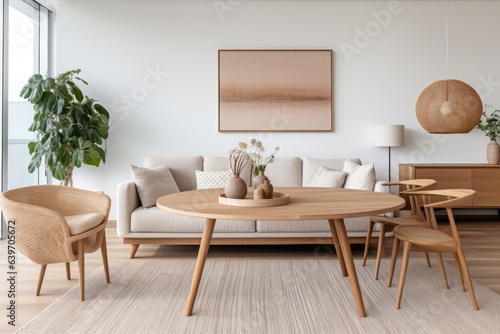 Wooden dining table on woven rug. Beige sofa in classic home interior design of modern living room