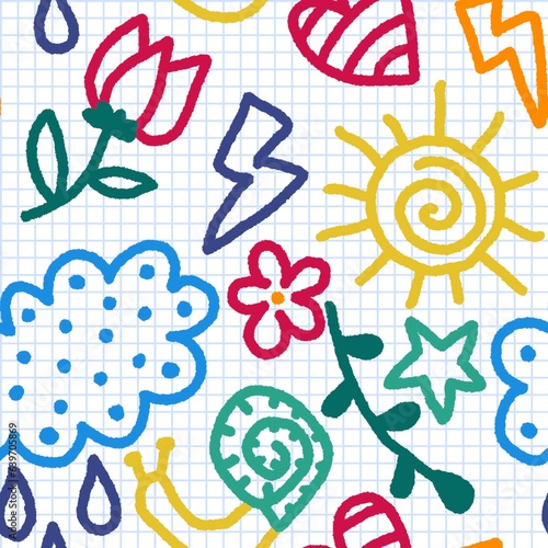 Cartoon school seamless doodle pattern for wrapping paper and fabrics and kids clothes print and fashion