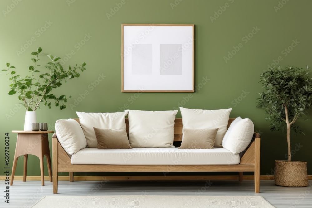 Fototapeta premium Wooden sofa with white cushions near green wall with art poster frame. Scandinavian interior design of modern stylish living room