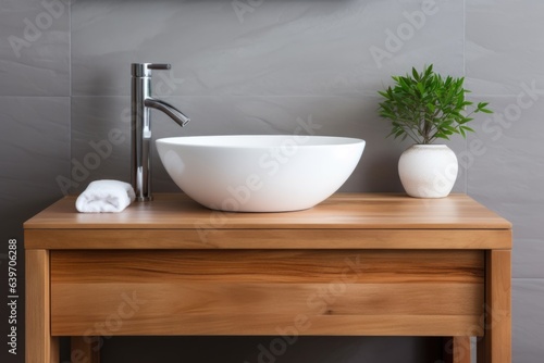 Wooden washstand with white ceramic vessel sink. Interior design of modern bathroom