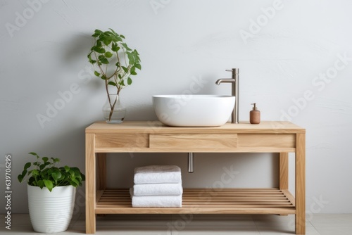 Wooden washstand with white ceramic vessel sink. Interior design of modern bathroom © Interior Design