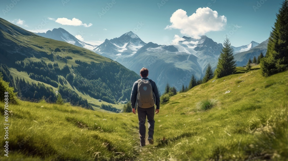 Male hiker, full body, view from behind, walking on a trail in the alps