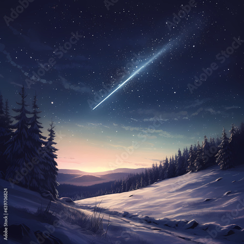 Snowy landscape with beautiful starry sky