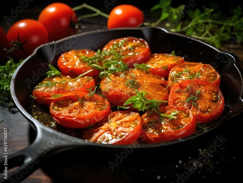 Fried Tomatoes in a frying pan, close-up shot