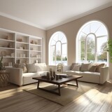 Arched windows in room with beige wall. Interior design of modern living room