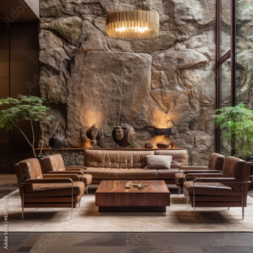 Art deco interior design of modern living room with brown leather sofa and armchairs against of stone wall