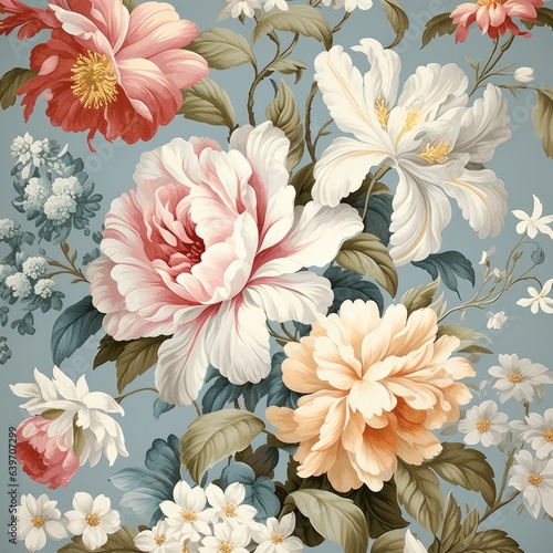 Classic floral wallpaper with roses and other flowers - generative AI
