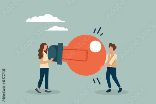 Innovation idea to drive team success, business innovative solution, community or invention help company achieve goal concept, business people teamwork help carry big smart lightbulb innovation idea.