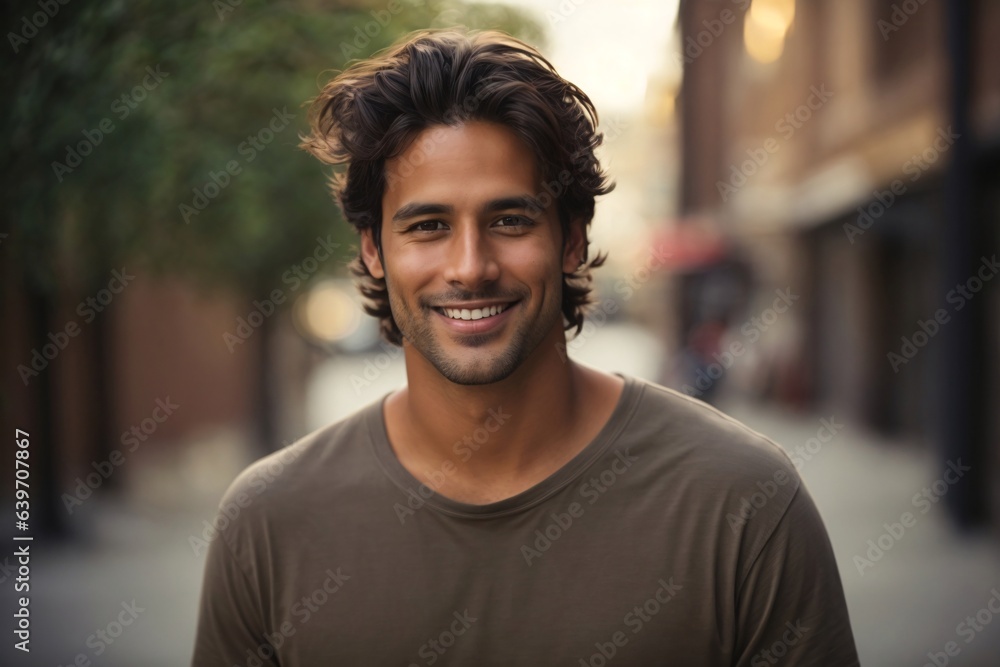 A young man smiling in street A young man smiling in street