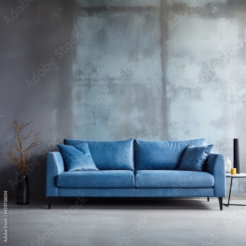 Blue stylish sofa near grunge concrete wall. Loft interior design of modern living room