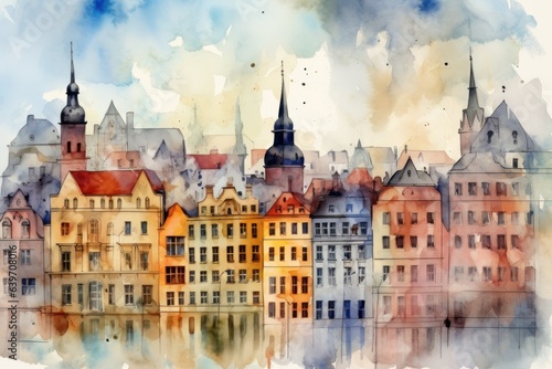 Soft watercolor painting of a city, architecture, streets, landmarks.