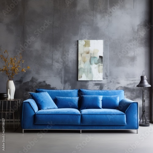 Blue stylish sofa near grunge concrete wall. Loft interior design of modern living room