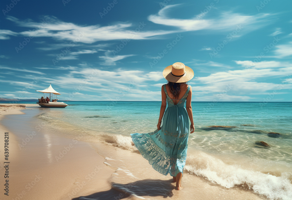 Ai generative young tourist woman in summer dress and hat standing on beautiful sandy beach. Cute girl enjoying Ai generative young tourist woman in summer dress and hat standing on beautiful sandy beach. Cute girl enjoying
