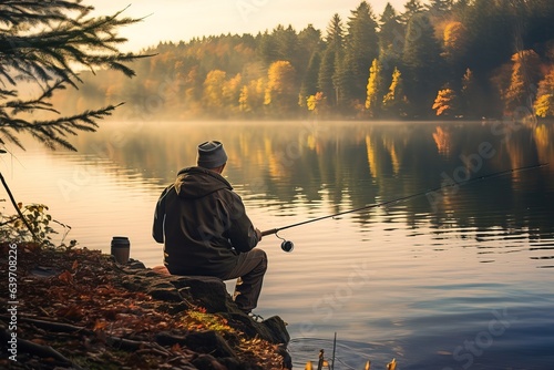 Man on shore of lake with fishing rod. Fishing