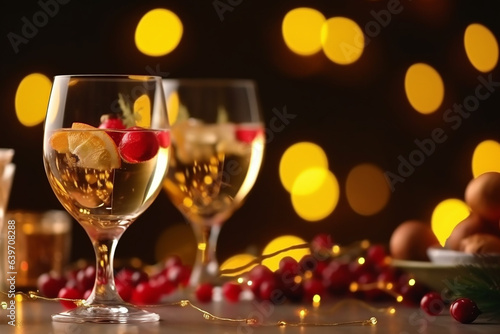 Twi wine glasses on a festive decorated table, copyspace. Generative AI