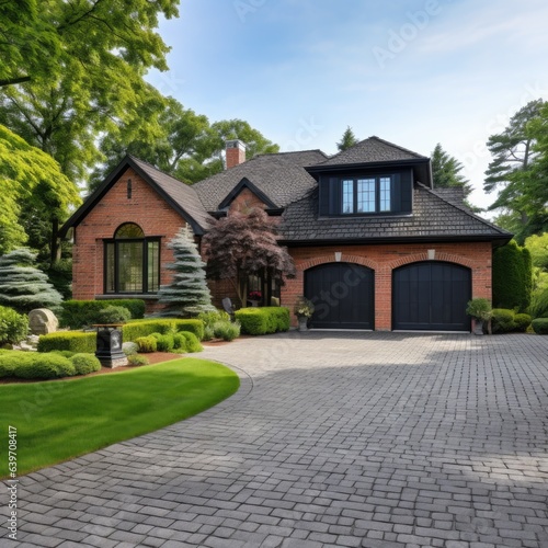 Brick family house with black roof tiles, two garages and beautiful landscaping designed front yard.