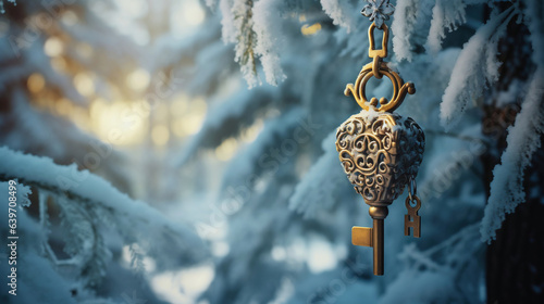 Golden key hanging from pine tree in winter - generative AI © Irena