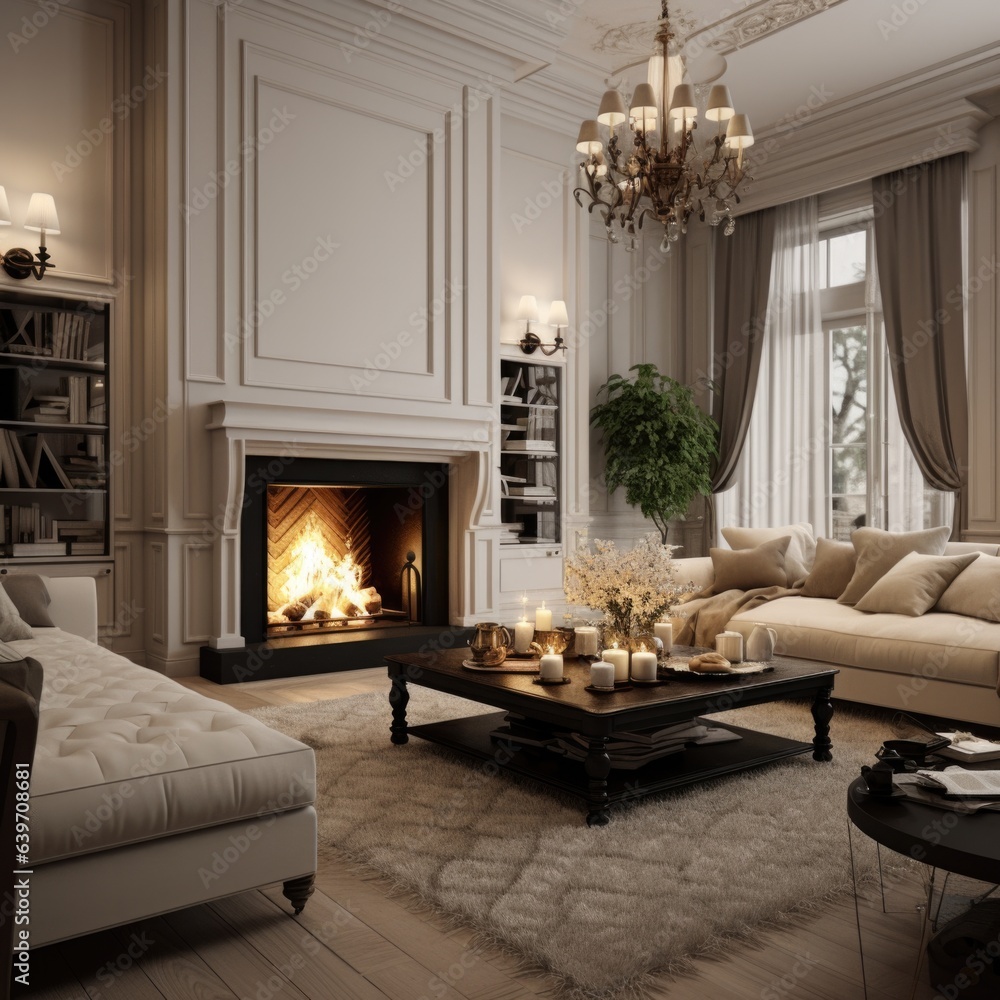 Fototapeta premium Classic interior design of living room with fireplace