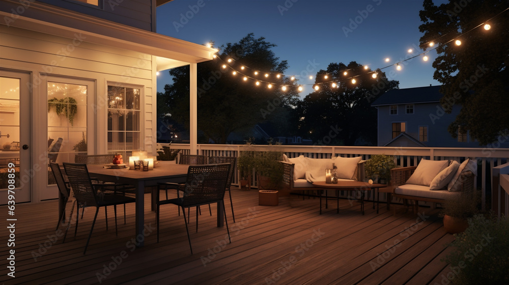 Summer Evening on a Beautiful Patio Deck in Suburbs, Hanging Lights, Modern Furniture, Cozy, Generative AI