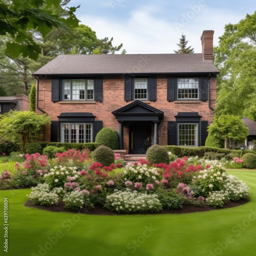Colonial style brick family house exterior with black roof tiles. Beautiful front yard with lawn and flower bed
