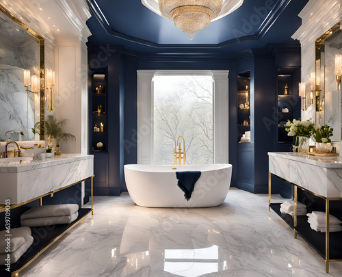Luxurious bathroom with freestanding bathtub  rain shower  heated flooring and  marble tiles