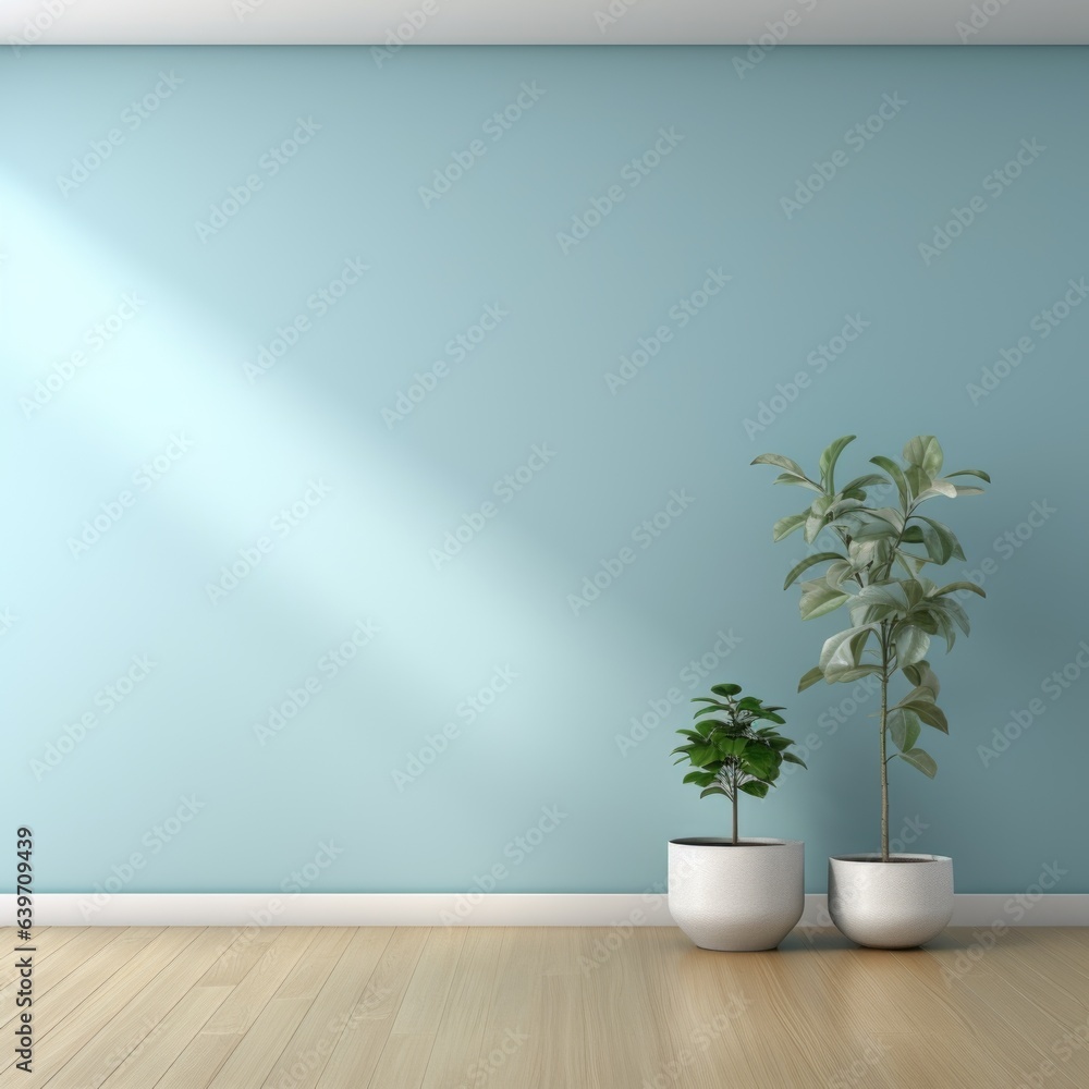 Fototapeta premium Empty room interior background, blue wall, pot with plant, wooden flooring rendering