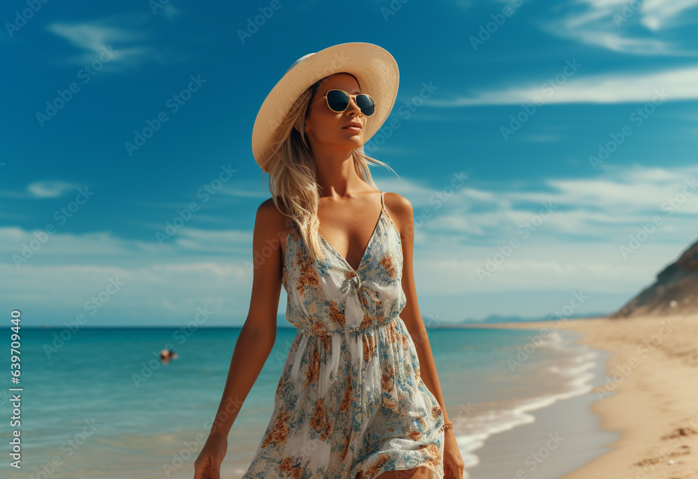 Ai generative young tourist woman in summer dress and hat standing on beautiful sandy beach. Cute girl enjoying Ai generative young tourist woman in summer dress and hat standing on beautiful sandy beach. Cute girl enjoying