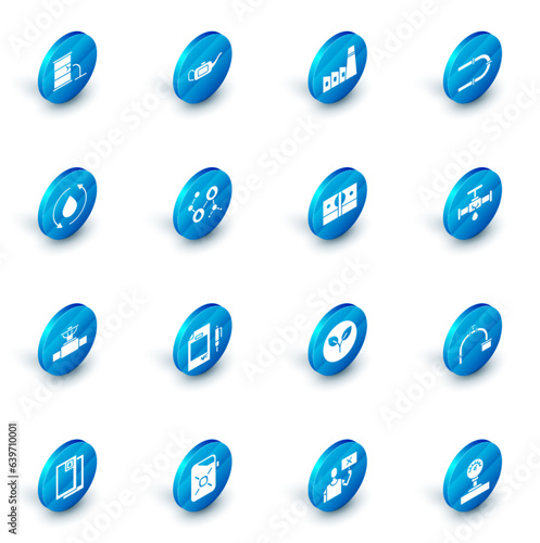 Set Canister for motor oil, Oil industrial factory building, Industry pipe, drop, and valve, Molecule, Broken with leaking water and Stacks paper money cash icon. Vector