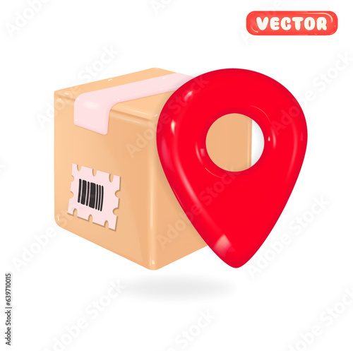 Delivery service concept. Cartoon 3d illustration of Cardboard boxes around the geolocation symbol. Landing page on dark background. Plastic 3D style.