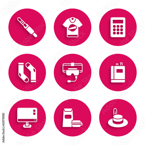 Set Virtual reality glasses, Burger, Man hat, Book, Computer monitor screen, Socks, Calculator and Audio jack icon. Vector