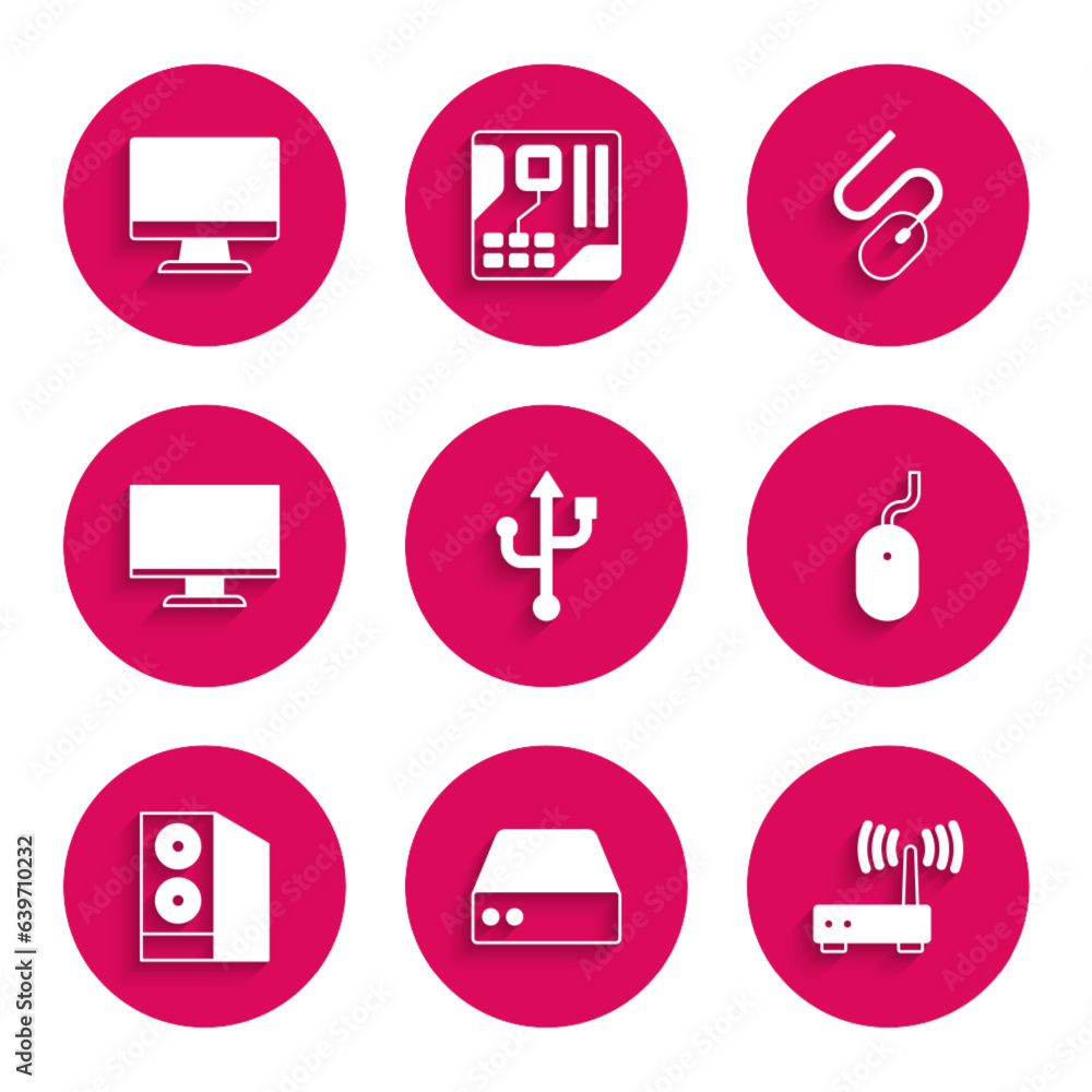 Set USB, Server, Data, Web Hosting, Router and wi-fi signal, Computer mouse, Case of computer, monitor screen, and icon. Vector Set USB, Server, Data, Web Hosting, Router and wi-fi signal, Computer mouse, Case of computer, monitor screen, and icon. Vector