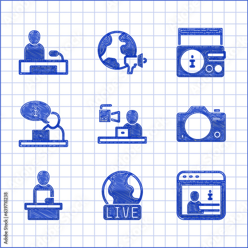 Set Breaking news, Live report, Information, Photo camera, Television, News radio channel and icon. Vector